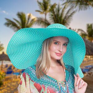 Blue Super Wide Brim Breezy Elegance Wired Floppy Straw Hat